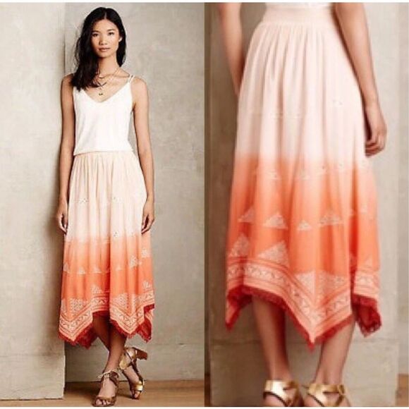 Anthropologie Floreat Orange Peach Midi Skirt Embroidered Ombre Sequin Pyramid - Picture 1 of 16